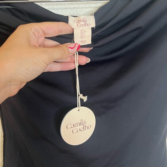 Camila Coelho Bodysuit Womens SMALL Black Draped Off Shoulder Elegant Chic NEW - Picture 4 of 7